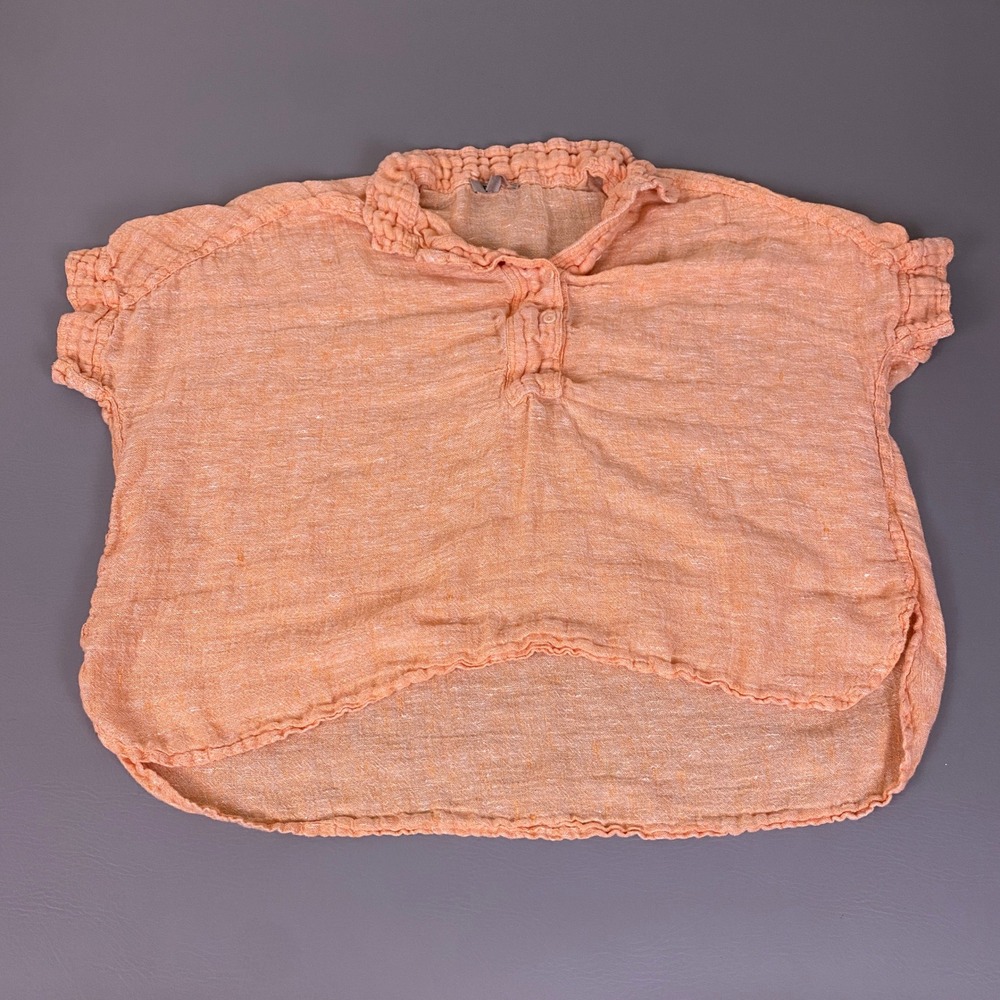 FLAX 100% Linen Henley Blouse Top Womens Large Peach Ruffle Collar Short Sleeve